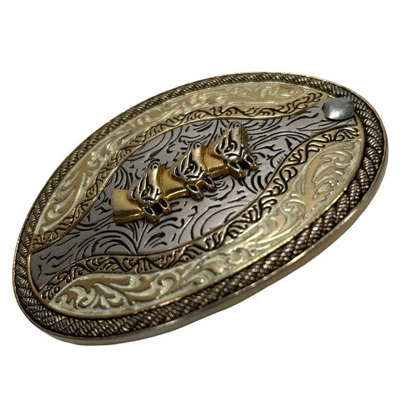 Three Horse Heads Engraved Ornate Western Belt Buckle - Picture 5 of 10